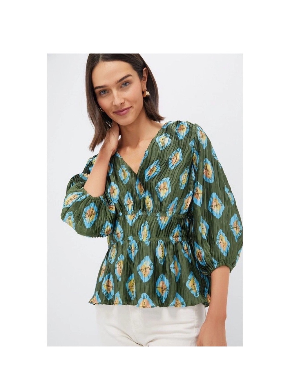Tuckernuck Olive and Aqua Diamond Maisy Blouse